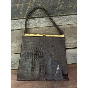 Vintage Dover Brown Croc Embossed Purse Leather Handbag Hinged Clasp Frame AS IS